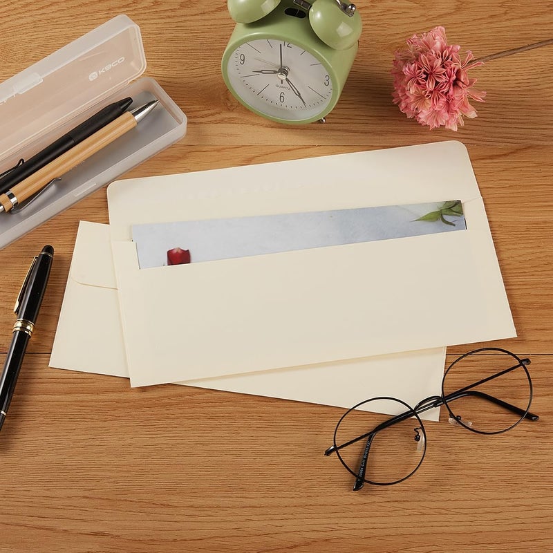 Wishop 100 Pack Colorful #10 Business Envelopes Self Seal Standard Envelopes for Office Checks, Business, Letter Mailing Invoices, 4.13 x 9.49 Inches (Cream Color) - Image 5